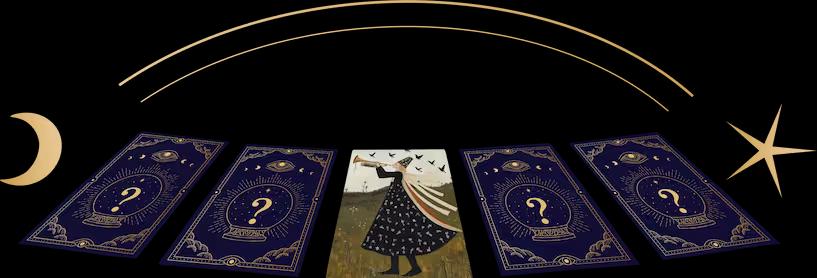 Cinq cartes d'oracle en éventail, celle du milieu retournée