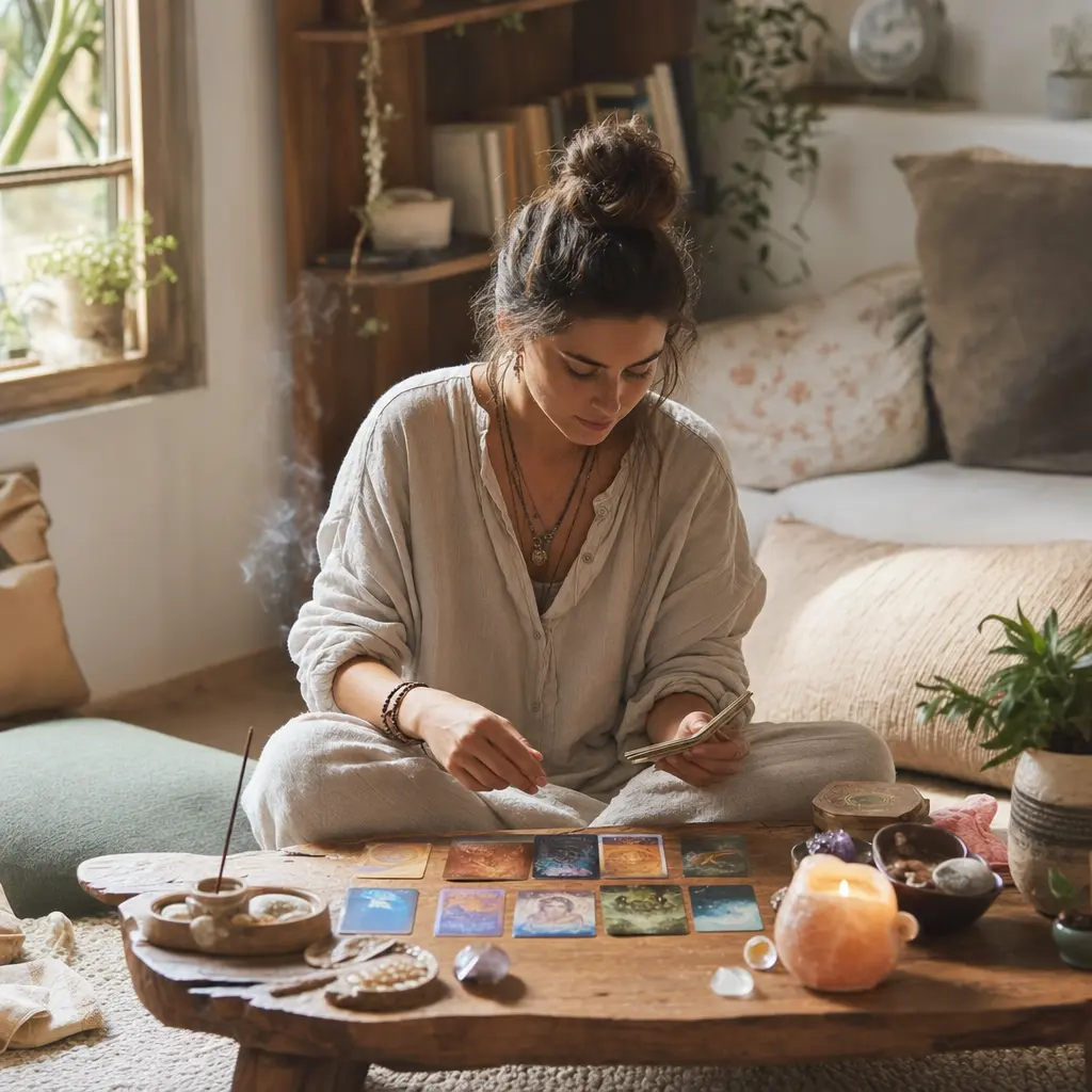 Un espacio de lectura acogedor en casa con cartas de ángeles dispuestas sobre una superficie limpia, una vela encendida, creando una atmósfera tranquila para una lectura personal