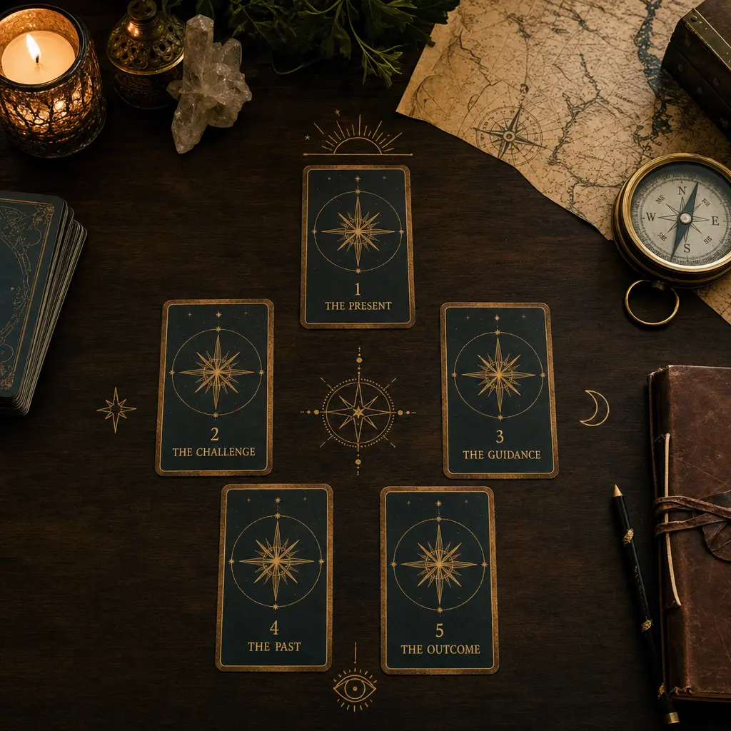 A five-card destiny angel reading spread laid out with soft golden light reflecting the path ahead