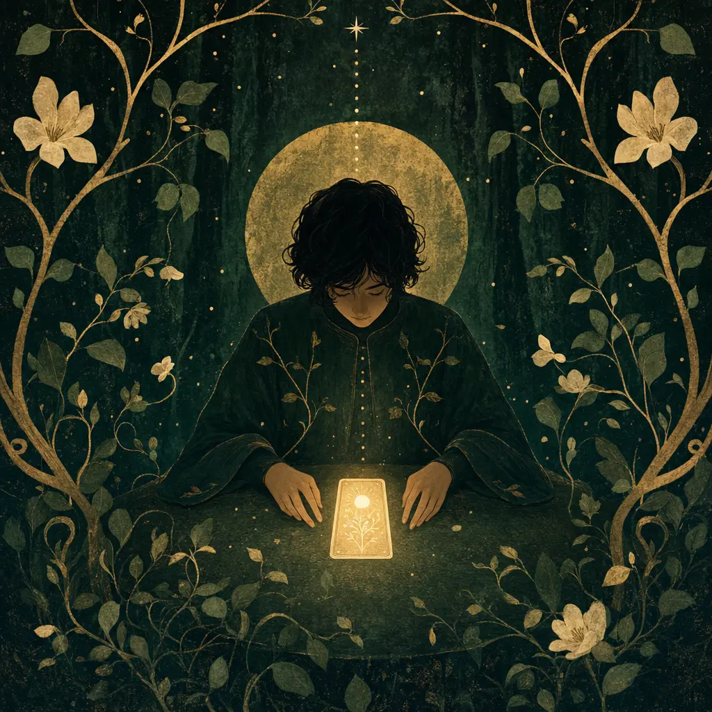A glowing three-card oracle spread on a dark surface with soft mystical lighting