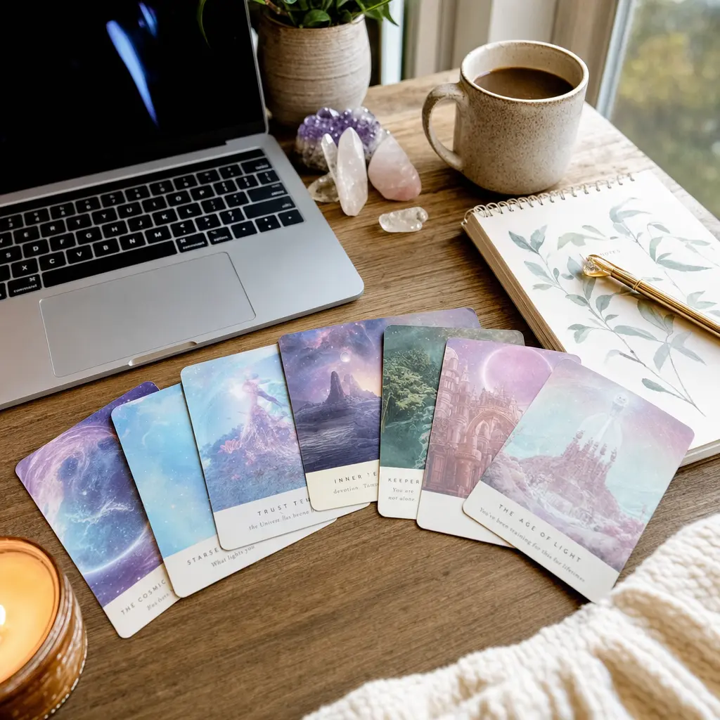 Ein Vergleich einer Tarot-Legung und einer Orakelkarten-Lesung nebeneinander, der den Unterschied in Komplexitaet und Direktheit zeigt