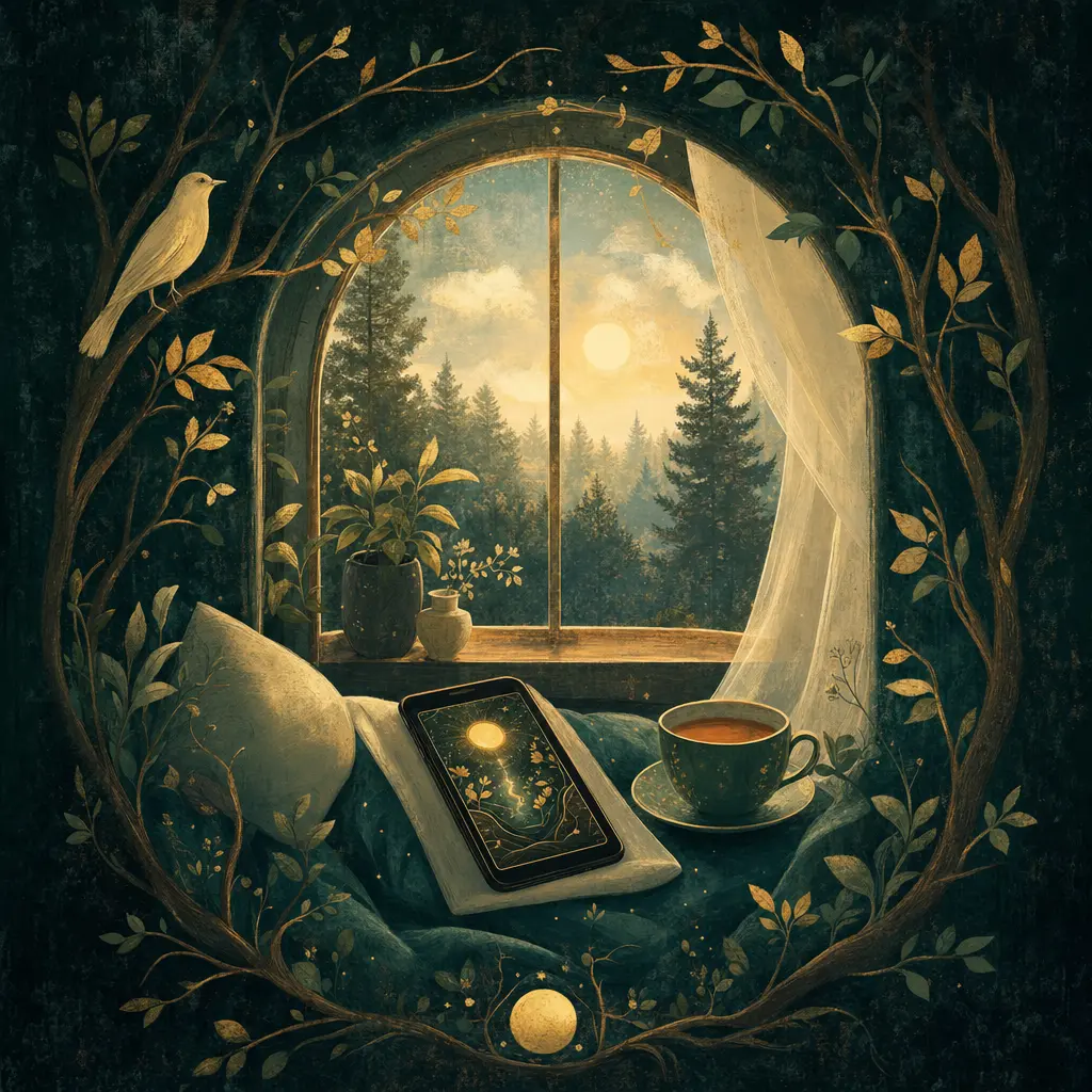 A serene person using a phone to access an oracle reading in a cozy, dimly lit room