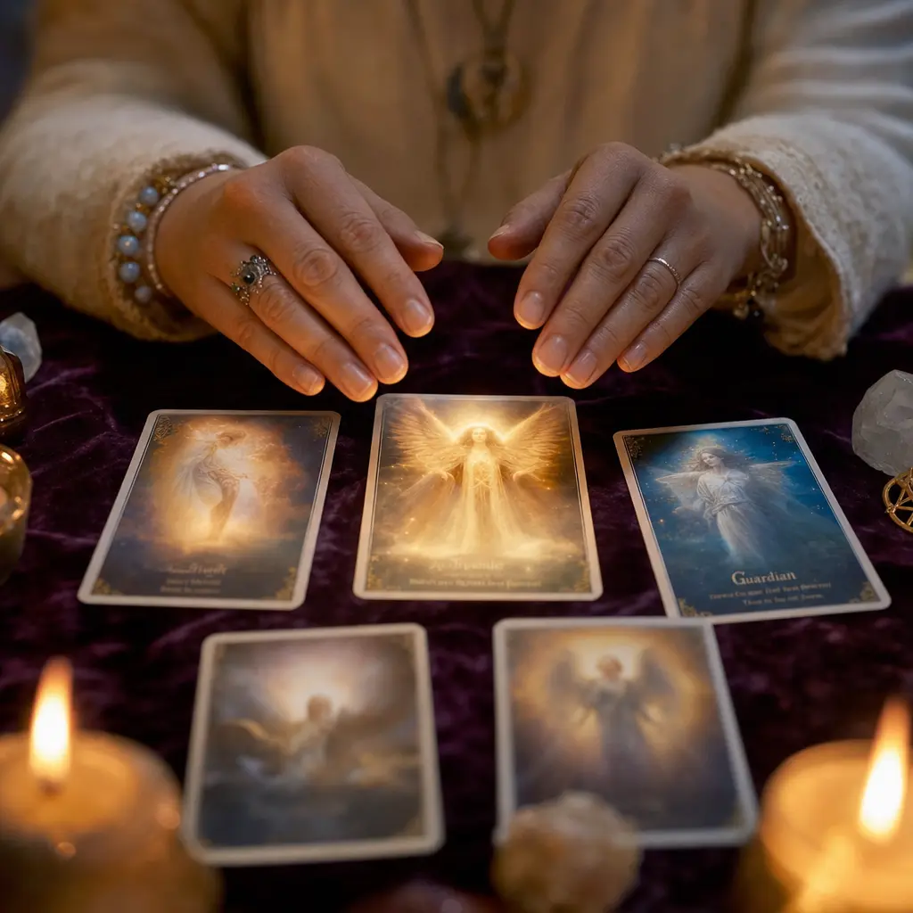Cartes oracle ange gardien disposees en tirage avec un eclairage doux et ambiant