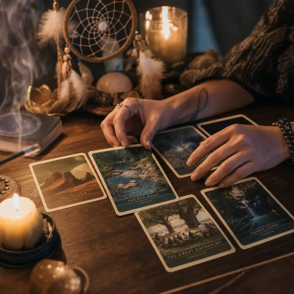 Una tirada de cartas del oraculo de guia espiritual dispuesta en un entorno contemplativo que representa la direccion espiritual y la claridad interior
