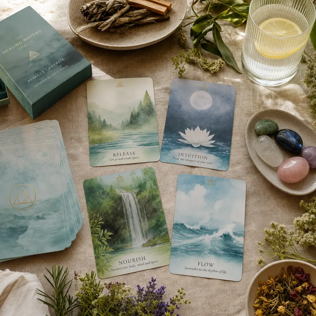 A health oracle reading spread with cards arranged on a calm surface representing wellness and self-reflection