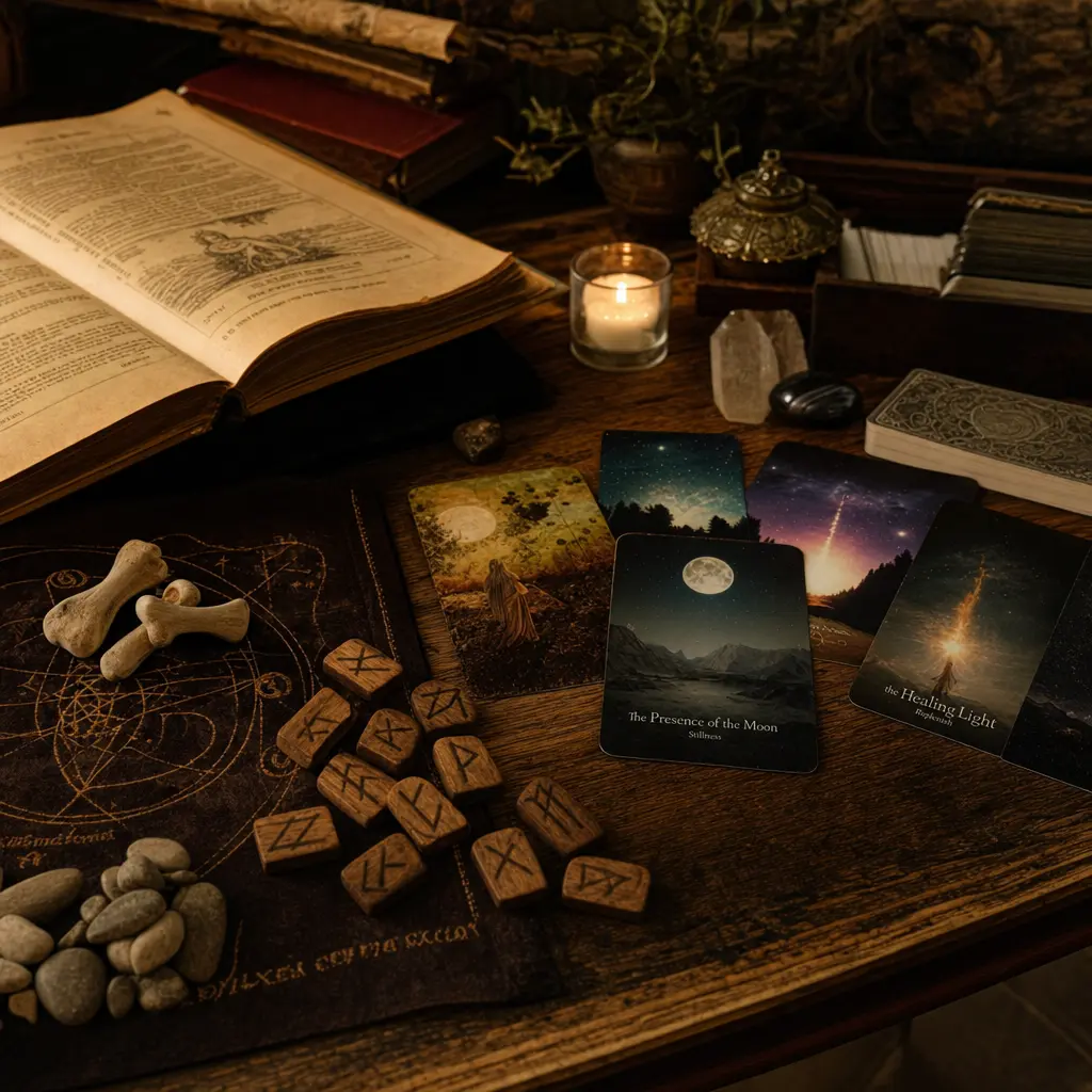 Una cronologia que muestra la evolucion de las practicas oraculares desde la antigua Delfos a traves del Renacimiento hasta las cartas de oraculo digitales modernas