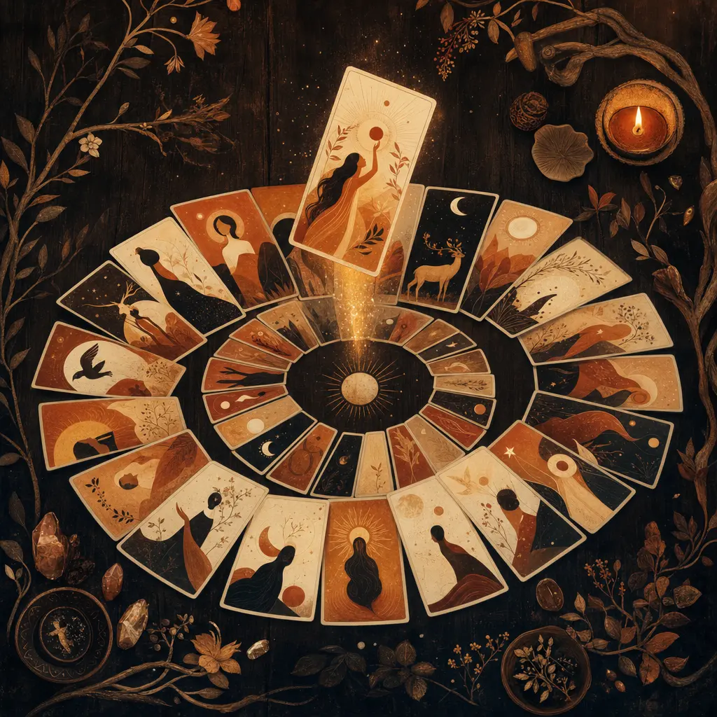 Hands gently shuffling a spread of oracle cards on a soft surface with warm lighting