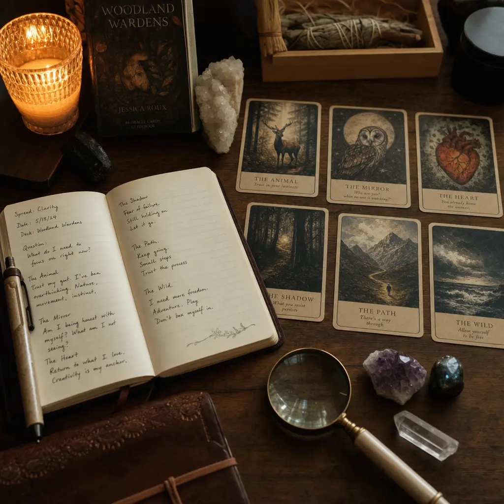 Una persona interpretando con atención cartas de oráculo de ángeles dispuestas en una tirada, enfocándose en las posiciones de las cartas y la lectura intuitiva