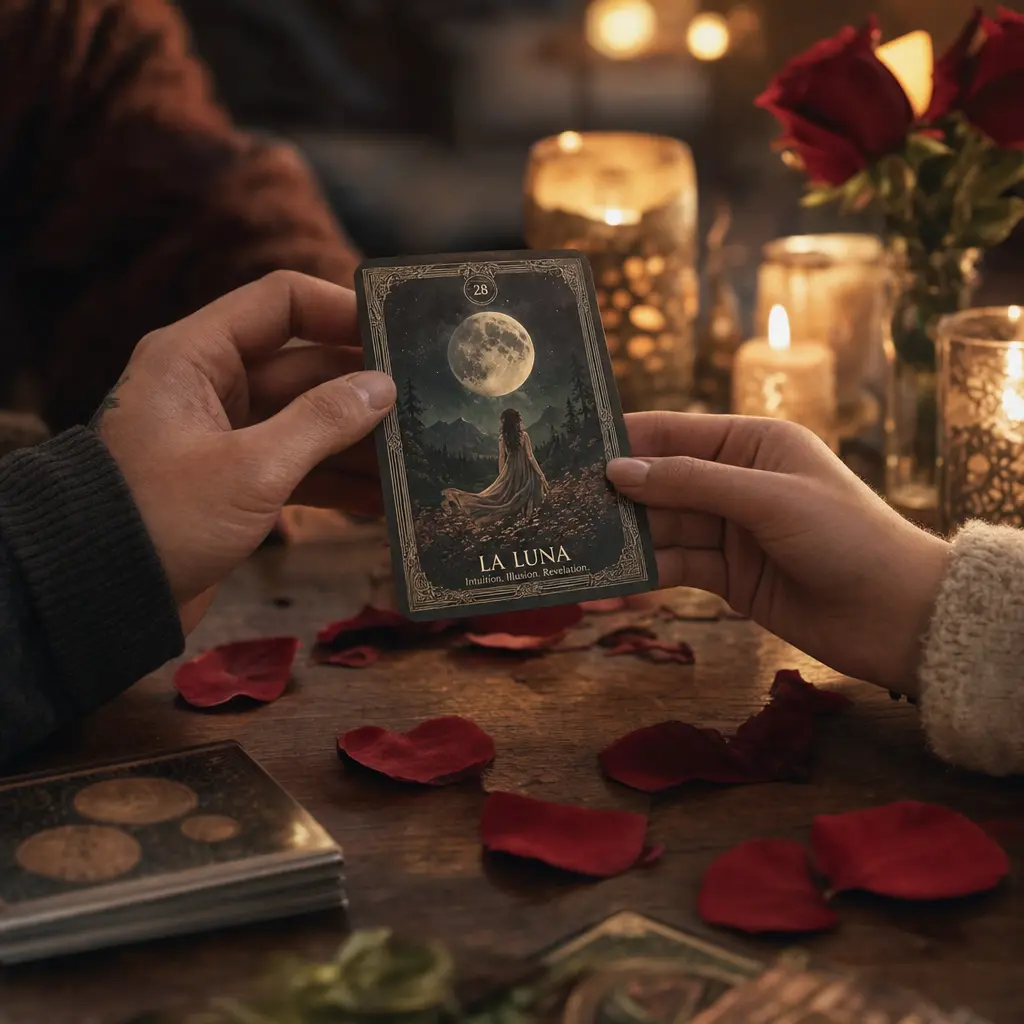 A person drawing cards from a spread during a love reading, with warm lighting and a calm atmosphere