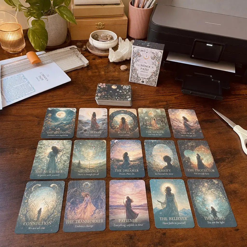 Le kit de cartes oracle des anges a imprimer, dispose avec les cartes pretes a etre decoupees et utilisees