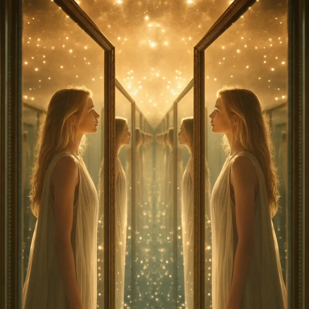Two silhouetted figures standing apart on a luminous path, connected by a thread of light, symbolizing twin flame separation and invisible bond