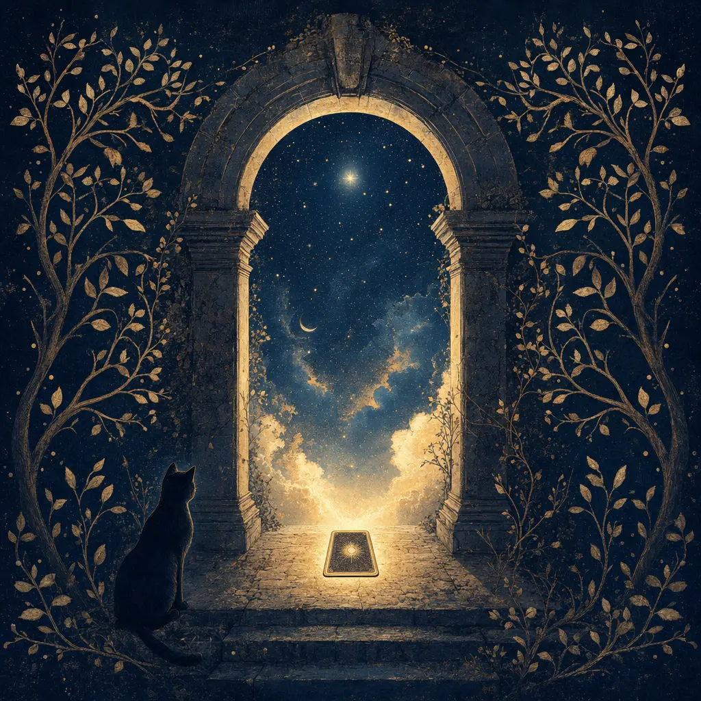 Une ancienne arche de pierre s'ouvrant sur un ciel étoilé, une carte lumineuse sur le seuil