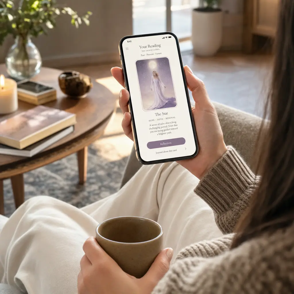 Die Ja Nein Orakel App auf einem Mobiltelefon mit der Kartenzieh-Oberflaeche