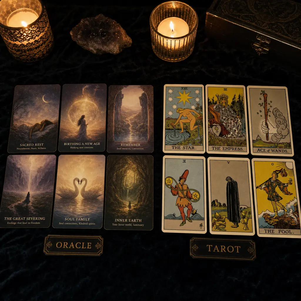 Une comparaison entre les cartes oracle et les cartes de tarot montrant la difference de simplicite et de clarte pour les questions oui ou non
